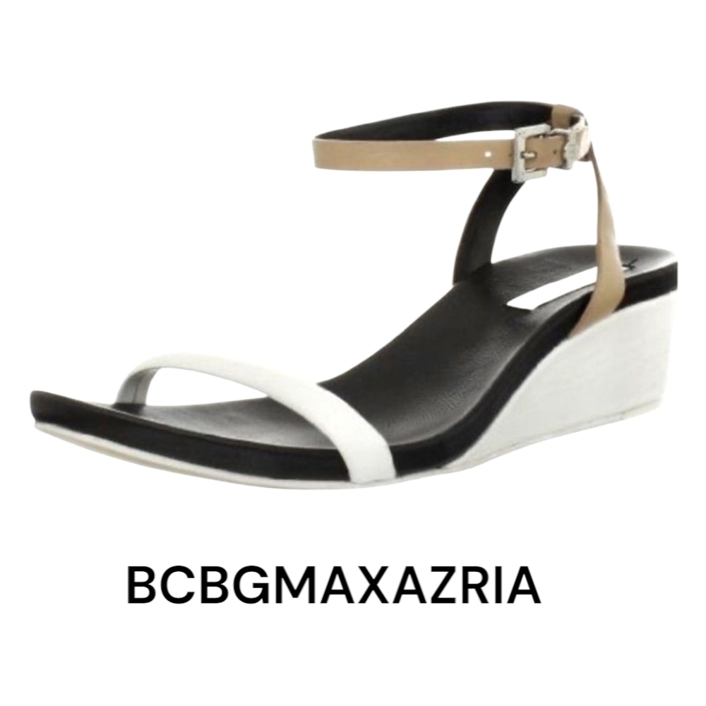 BCBGMaxAzria Darcie Black and White Wedge Sandals Modern Design